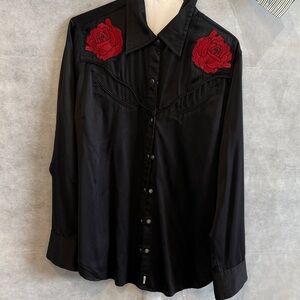 Elegant Black Shirt with Red Rose Detail